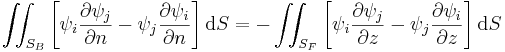  \iint_{S_B} \left[ \psi_i \frac{\partial\psi_j}{\partial n} - \psi_j \frac{\partial\psi_i}{\partial n} \right] \mathrm{d}S = - \iint_{S_F} \left[ \psi_i \frac{\partial\psi_j}{\partial z} - \psi_j \frac{\partial\psi_i}{\partial z} \right] \mathrm{d}S 