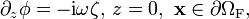 \partial_z \phi = -\mathrm{i} \omega \zeta,\,z=0,\,\,\mathbf{x} \in \partial \Omega_{\mathrm{F}},