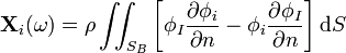  \mathbf{X}_i(\omega) = \rho \iint_{S_B} \left[ \phi_I \frac{\partial\phi_i}{\partial n} - \phi_i \frac{\partial\phi_I}{\partial n} \right] \mathrm{d}S 
