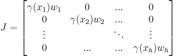  J =
\begin{bmatrix}
\gamma(x_1)w_1 & 0 & ... &0 \\
0 & \gamma(x_2)w_2 & ... &0 \\
\vdots &  & \ddots&\vdots \\
0 & ... & ...&\gamma(x_h)w_h
\end{bmatrix}
\,\!