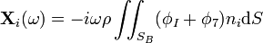\mathbf{X}_i(\omega) = - i\omega\rho\iint_{S_B} (\phi_I + \phi_7) n_i \mathrm{d}S