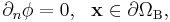 \partial_{n}\phi=0,\ \ \mathbf{x}\in\partial\Omega_{\mathrm{B}},