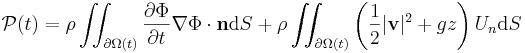 \mathcal{P}(t) = \rho \iint_{\partial\Omega(t)} \frac{\partial\Phi}{\partial t} \nabla \Phi \cdot \mathbf{n} \mathrm{d}S
+ \rho \iint_{\partial\Omega(t)} \left( \frac{1}{2} |\mathbf{v}|^2 + gz \right) U_n \mathrm{d}S