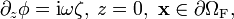 \partial_z \phi =\mathrm{i} \omega \zeta,\,z=0,\,\,\mathbf{x} \in \partial \Omega_{\mathrm{F}},