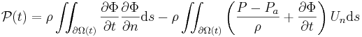 \mathcal{P}(t) = \rho \iint_{\partial\Omega(t)} \frac{\partial\Phi}{\partial t} \frac{\partial\Phi}{\partial n} \mathrm{d}s
- \rho \iint_{\partial\Omega(t)} \left( \frac{P-P_a}{\rho} + \frac{\partial\Phi}{\partial t} \right) U_n \mathrm{d}s