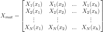  X_{mat} =
\begin{bmatrix}
{X}_{1}(x_1) & {X}_{1}(x_2) & ... & {X}_{1}(x_h) \\
{X}_{2}(x_1) & {X}_{2}(x_2) & ... & {X}_{2}(x_h) \\
\vdots & \vdots & & \vdots \\
{X}_{N}(x_1) & {X}_{N}(x_2) & ... & {X}_{N}(x_h)
\end{bmatrix}
\,\!