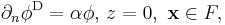 \partial_n \phi^{\mathrm{D}} = \alpha \phi,\,z=0,\,\,\mathbf{x} \in F,