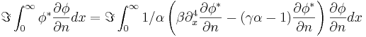 \Im\int_{0}^{\infty}\phi^*\frac{\partial\phi}{\partial n} dx
= \Im\int_{0}^{\infty}
1/\alpha \left(\beta \partial_x^4 \frac{\partial\phi^{*}}{\partial n} - (\gamma\alpha - 1 ) \frac{\partial\phi^{*}}{\partial n} \right)
\frac{\partial\phi}{\partial n} dx