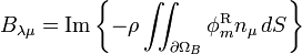 B_{\lambda\mu} = \mathrm{Im} \left\{ -\rho\iint_{\partial\Omega_{B}}
\phi_m^{\mathrm{R}} n_{\mu}\, dS \right\}
