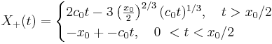 
X_+ (t) =
\begin{cases}
 2c_0 t - 3\left(\frac{x_0}{2}\right)^{2/3}(c_0 t)^{1/3},\quad t> x_0/2\\
 -x_0 +-c_0 t, \quad 0\ < t < x_0/2
\end{cases}
