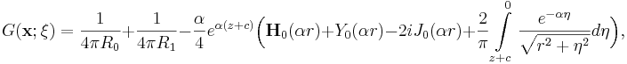 
G(\mathbf{x};\mathbf{\xi}) = \frac{1}{4 \pi R_0} + \frac{1}{4 \pi R_1}
- \frac{\alpha }{4} e^{\alpha  (z+c)} \Big(\mathbf{H}_0(\alpha  r) +
Y_0(\alpha  r) - 2i J_0 (\alpha  r)  + \frac{2}{\pi}
\int\limits_{z+c}^0 \frac{e^{-\alpha  \eta}}{\sqrt{r^2 + \eta^2}}
d\eta \Big), 
