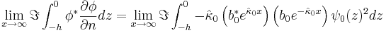 \lim_{x\to\infty} \Im\int_{-h}^{0}\phi^*\frac{\partial\phi}{\partial n} dz
= \lim_{x\to\infty} \Im\int_{-h}^{0} -\hat{\kappa}_0 \left(b_0^{*} e^{\hat{\kappa}_0 x} \right)
\left(b_0 e^{-\hat{\kappa}_0 x}\right)\psi_0(z)^2 dz