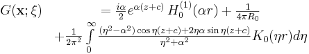 
\begin{matrix}
G(\mathbf{x};\mathbf{\xi}) & = \frac{i \alpha }{2}  e^{\alpha  (z+c)}
\, H_0^{(1)}(\alpha  r) + \frac{1}{4 \pi R_0} \\
& + \frac{1}{2 \pi^2} \int\limits_{0}^{\infty}
\frac{(\eta^2 - \alpha ^2) \cos \eta (z+c) + 2 \eta \alpha  \sin
\eta (z+c)}{\eta^2 + \alpha ^2}  K_0(\eta r) d\eta 
\end{matrix}
