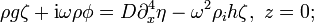 \rho g\zeta + \mathrm{i}\omega\rho \phi
= D \partial_x^4 \eta -\omega^2 \rho_i h \zeta, \ z=0;