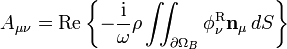 A_{\mu\nu} = \mathrm{Re} \left\{ -\frac{\mathrm{i}}{\omega}\rho\iint_{\partial\Omega_{B}}
\phi_{\nu}^{\mathrm{R}} \mathbf{n}_{\mu}\, dS \right\}
