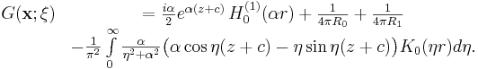 
\begin{matrix}
G(\mathbf{x};\mathbf{\xi}) &= \frac{i \alpha }{2} e^{\alpha  (z+c)}
\, H_0^{(1)}(\alpha  r) + \frac{1}{4 \pi R_0} + \frac{1}{4 \pi R_1} \\
 & - \frac{1}{\pi^2} \int\limits_{0}^{\infty}
\frac{\alpha }{\eta^2 + \alpha ^2} \big( \alpha  \cos \eta (z+c) - \eta \sin
\eta (z+c) \big)  K_0(\eta r) d\eta.
\end{matrix}
