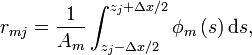 
r_{mj} = \frac{1}{A_m} \int_{z_{j}-\Delta x/2}^{z_{j}+\Delta x/2}\phi
_{m}\left( s\right) \mathrm{d}s,
