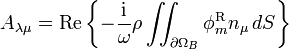 A_{\lambda\mu} = \mathrm{Re} \left\{ -\frac{\mathrm{i}}{\omega}\rho\iint_{\partial\Omega_{B}}
\phi_m^{\mathrm{R}} n_{\mu}\, dS \right\}