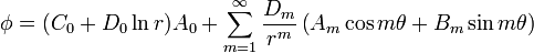 \phi = (C_0 + D_0 \ln r)A_0 + \sum_{m=1}^\infty \frac{D_m}{r^m}\left( A_m\cos m\theta +  B_m\sin m\theta \right) 