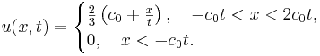 
u(x, t) = 
\begin{cases}
\frac{2}{3} \left (c_0 + \frac{x}{t} \right ), \quad -c_0 t < x< 2 c_0 t,\\
0,\quad x <-c_0 t.
\end{cases}  
