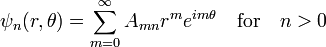  \psi_n(r,\theta) = \sum_{m=0}^\infty A_{mn}r^m e^{im\theta} \quad \textrm{for} \quad n>0 