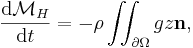 \frac{\mathrm{d}\mathcal{M}_H}{\mathrm{d}t} = - \rho \iint_{\partial\Omega} gz \mathbf{n},