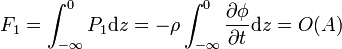  F_1 = \int_{-\infty}^0 P_1 \mathrm{d}z = - \rho \int_{-\infty}^0 \frac{\partial\phi}{\partial t} \mathrm{d}z = O (A) 