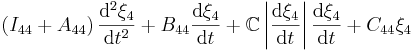  \left( I_{44} + A_{44} \right) \frac{\mathrm{d}^2\xi_4}{\mathrm{d}t^2} + B_{44} \frac{\mathrm{d}\xi_4}{\mathrm{d}t} + \mathbb{C} \left| \frac{\mathrm{d}\xi_4}{\mathrm{d}t} \right| \frac{\mathrm{d}\xi_4}{\mathrm{d}t} + C_{44} \xi_4 
