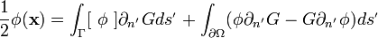 
\frac{1}{2}\phi(\textbf{x})=\int_{\Gamma} [ \ \phi \ ] \partial_{n^{_{'}}} G ds^{_{'}}  +\int_{\partial \Omega} (\phi \partial_{n^{_{'}}} G - G \partial_{n^{_{'}}} \phi )ds^{_{'}}
